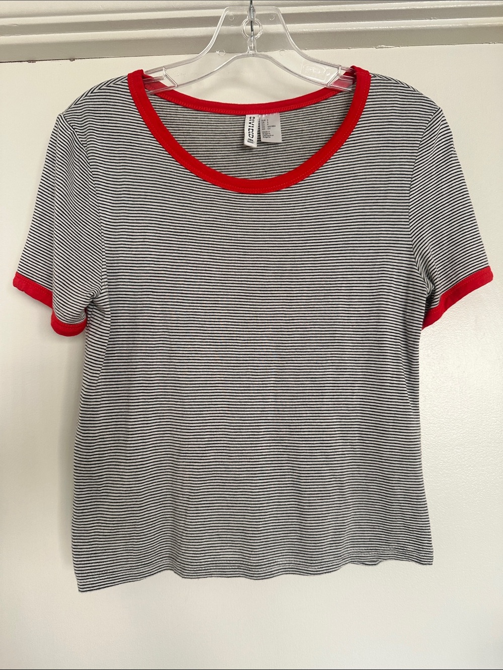 Divided Black & White Striped Tee with Red Trim